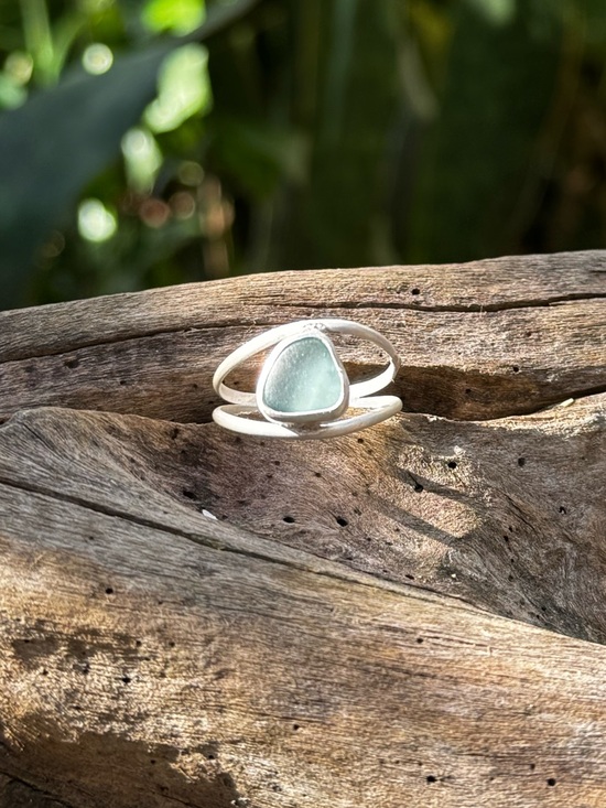 Hand Crafted Jewelry - Aqua sea glass sterling & fine silver double band handmade coastal jewelry